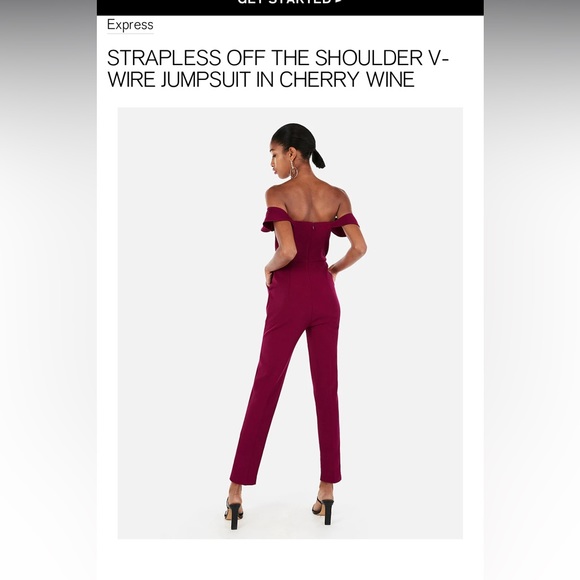 Express Strapless of the shoulder v neck jumpsuit in cherry wine - Picture 2 of 5